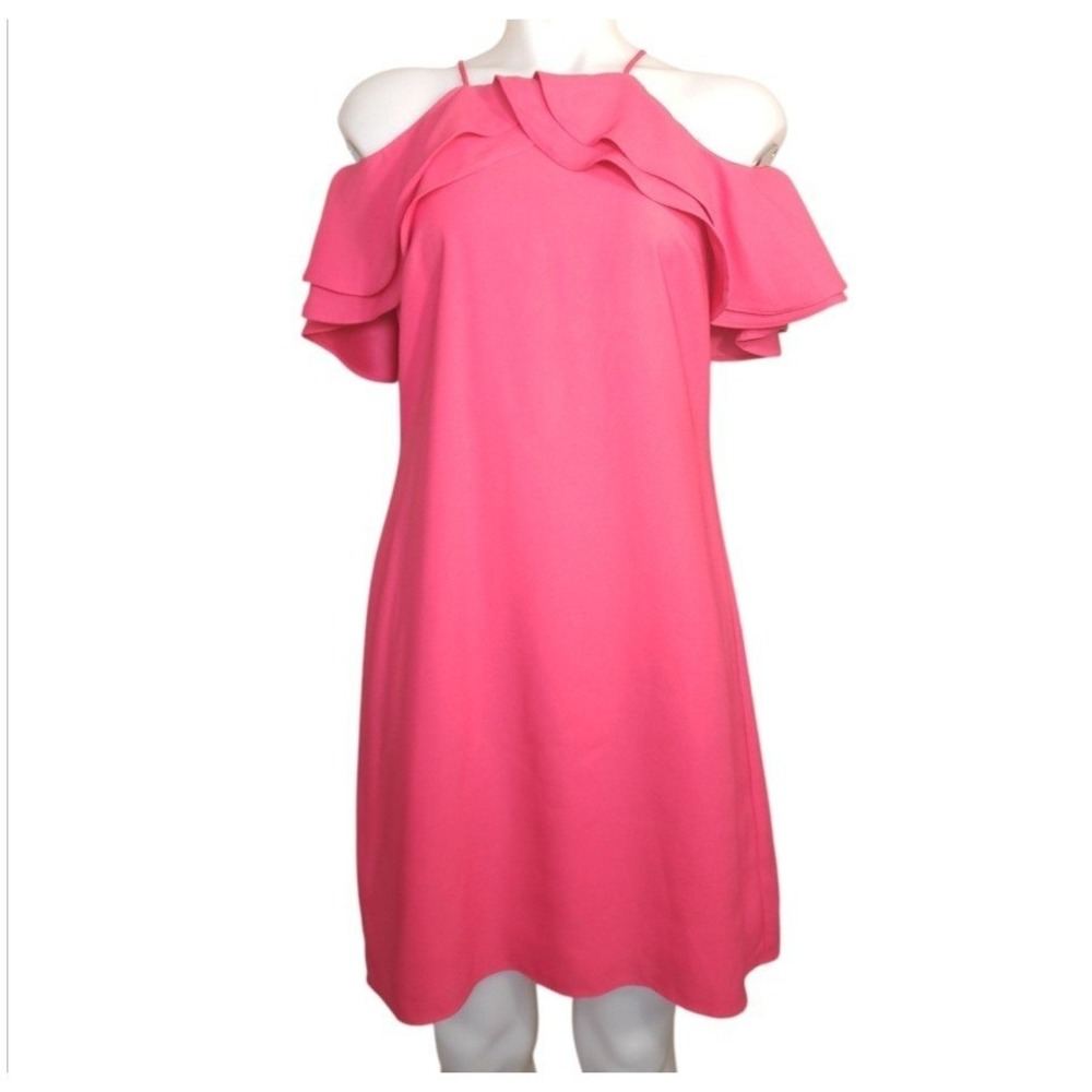Nicole Miller Women's Dress 4 Coral Fuchsia Cold Shoulder Ruffle Cocktail Lining